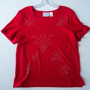 Vintage Alfred Dunner short sleeved red top with fireworks
